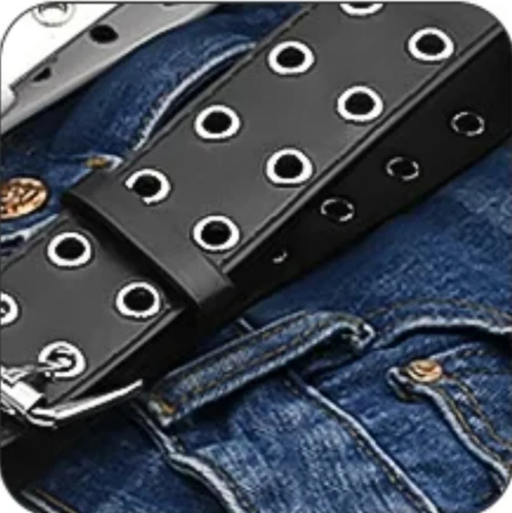 Black Belt Double Grommet Faux Leather Punk Belt for Women & Men, Small 39